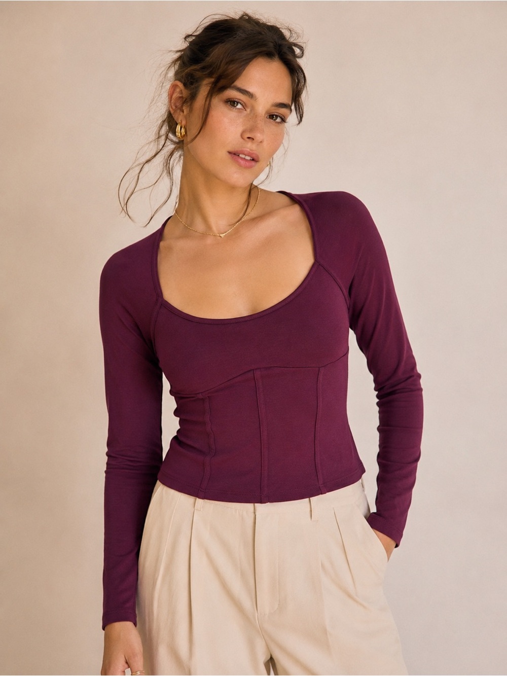 Maeve by Anthropologie Burgundy Ponte Corset Long Sleeve Top M